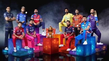 2026 Indian Premier League captains posing together with the IPL trophy before the tournament, featuring all 10 team captains in official team jerseys.