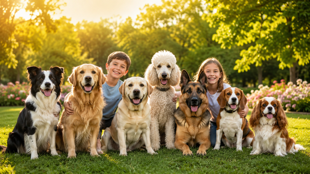 Top 7 Smartest Dog Breeds for Kids (Easy To Train & Family Friendly) Top 7 smartest dog breeds for kids including Border Collie, Golden Retriever, Labrador Retriever, Poodle, German Shepherd, Beagle, and Cavalier King Charles Spaniel with happy children in a family park.