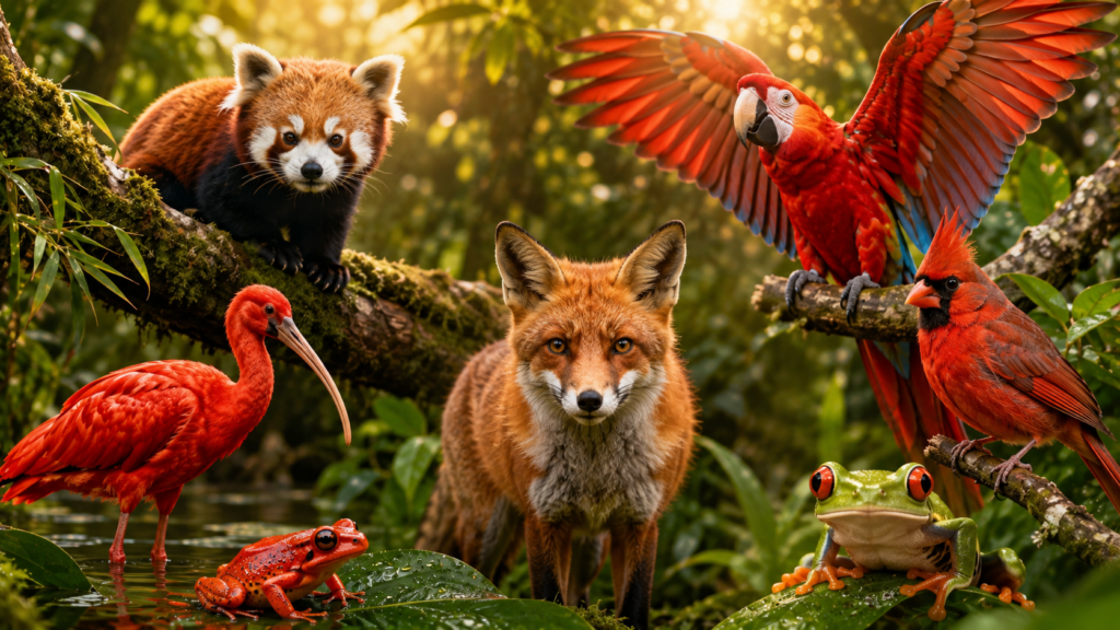 Top 7 Red Animals in the World That Look Absolutely Stunning (2026 Guide) Top 7 red animals in the world including Red Panda, Scarlet Macaw, Scarlet Ibis, Red Fox, Tomato Frog, Northern Cardinal, and Red-Eyed Tree Frog in a vibrant wildlife scene.