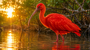 Scarlet Ibis displaying its bright red feathers in a tropical wetland, one of the most stunning red animals in the world.