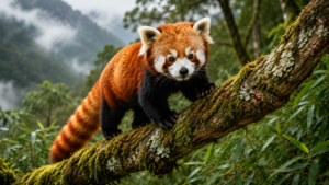 Red Panda climbing a tree in a mountain forest, one of the most beautiful red animals in the world.