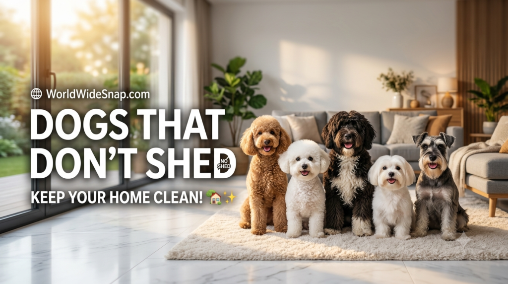 Top 5 Dogs That Don’t Shed Much (Perfect for Clean Homes) Top 5 dogs that don't shed much sitting together in a modern clean home with healthy low-shedding coats.