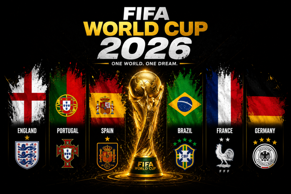 FIFA World Cup 2026 Teams That Could Shock The World | Biggest Dark Horse Predictions FIFA World Cup 2026 banner with flags of England, Portugal, Spain, Brazil, and France on a black background