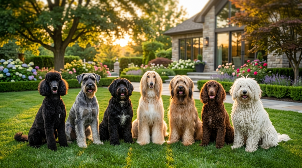 Big dog breeds that don't shed much sitting together in a luxury backyard garden with healthy, low-maintenance coats.