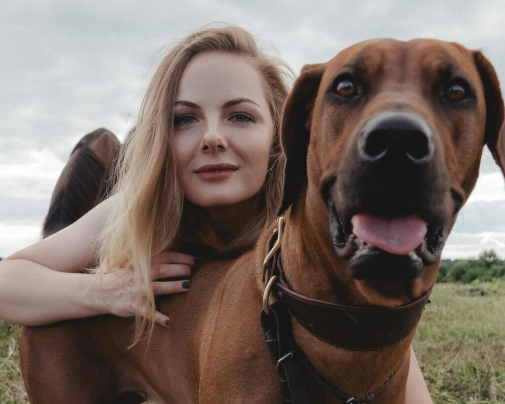 Top 7 Calm Big Dog Breeds for Families (Gentle Giants Dogs) “Great Dane sitting calmly beside a woman outdoors, gentle giant dog breed with relaxed family-friendly personality”